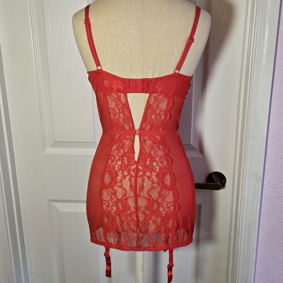 Victoria's Secret Red And Pink Lace Mesh Garter Corset Bustier Size 36D Lingerie - Picture 3 of 8